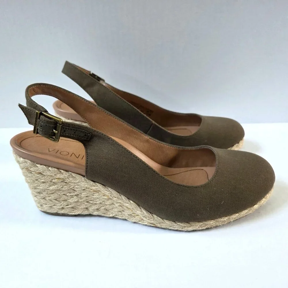 Vionic Coralina Espadrille Wedges Size 9.5 Olive Green Slingback Preppy Sandals